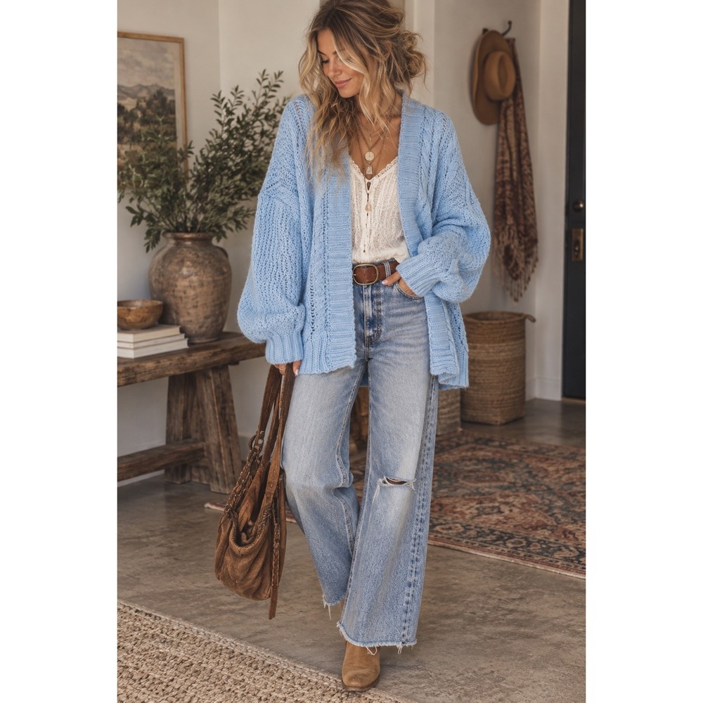 Princess Polly Light Blue Chunky  Knit Open Front Cardigan Sweater S/M